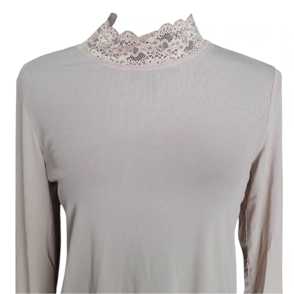 LOGO by Lori Goldstein Sheer Lace Trim Long Sleeve Top in Beige Size XL - Picture 6 of 11
